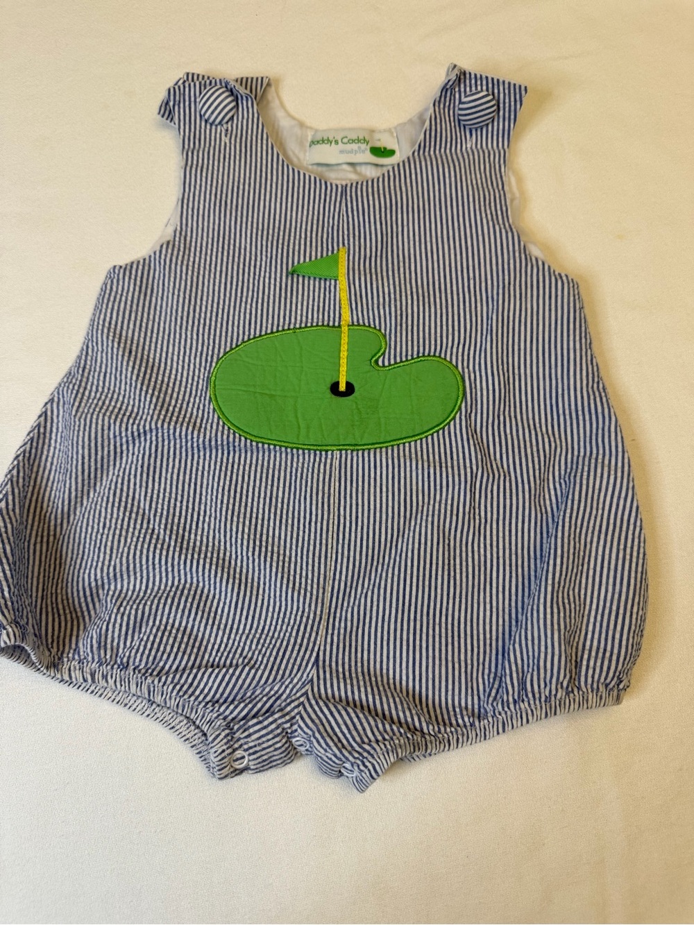 Mudpie Baby Golf Bubble Romper 0-6M Seersucker Blue Stripe Applique VGUC